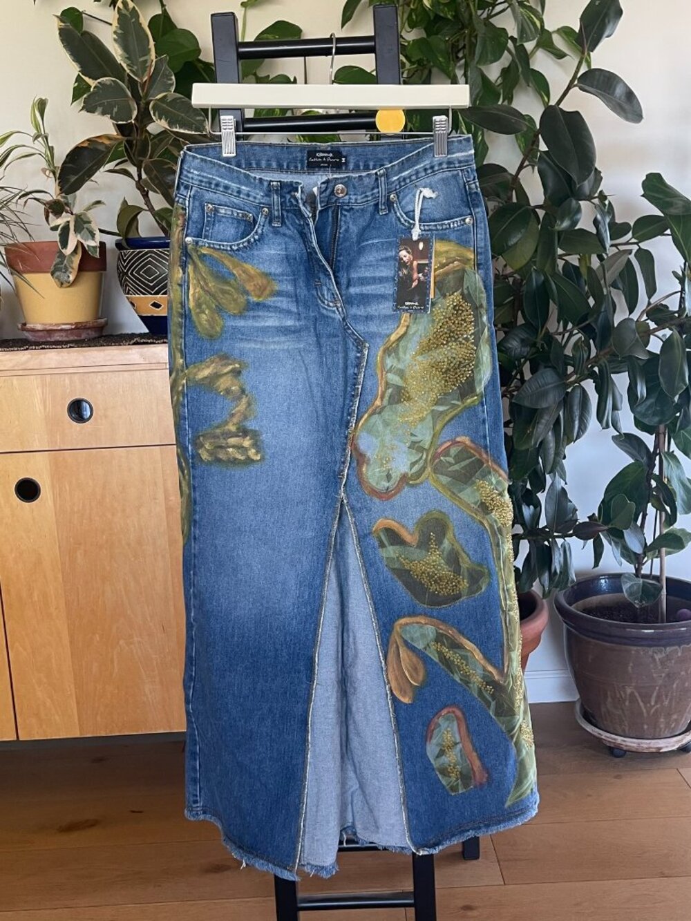 Casta & Puro hand painted maxi denim skirt available for sale, size Medium, NWT